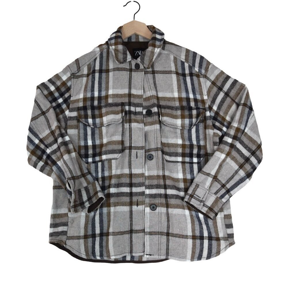 Zara Plaid Wool-Blend Chore Shacket Women’s Medium Pockets Oversized Brown Tan